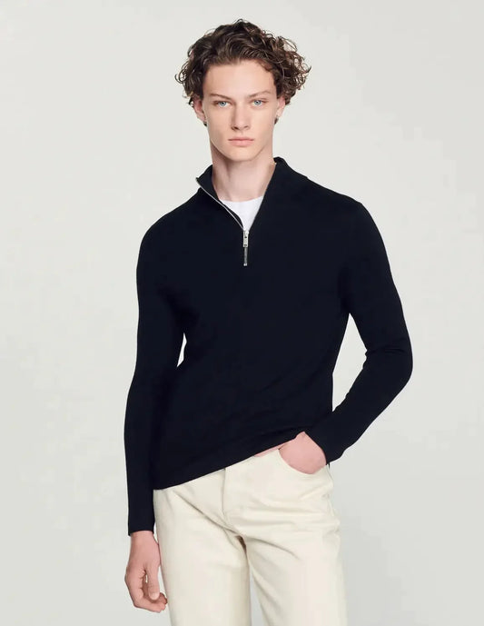 Wool sweater with zipped collar